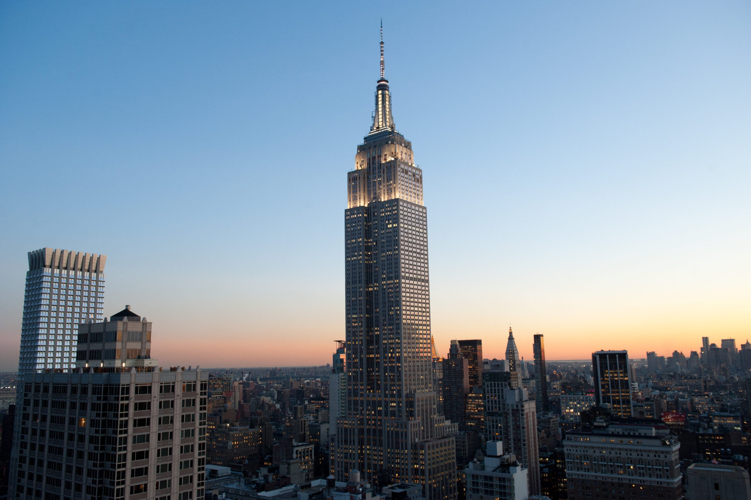 Aerial view of the Empire State Building at dusk